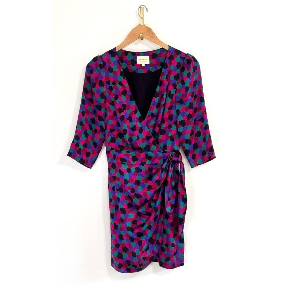 Sezane Mini Short-Sleeve Doha Silk Wrap Dress - Picture 2 of 7